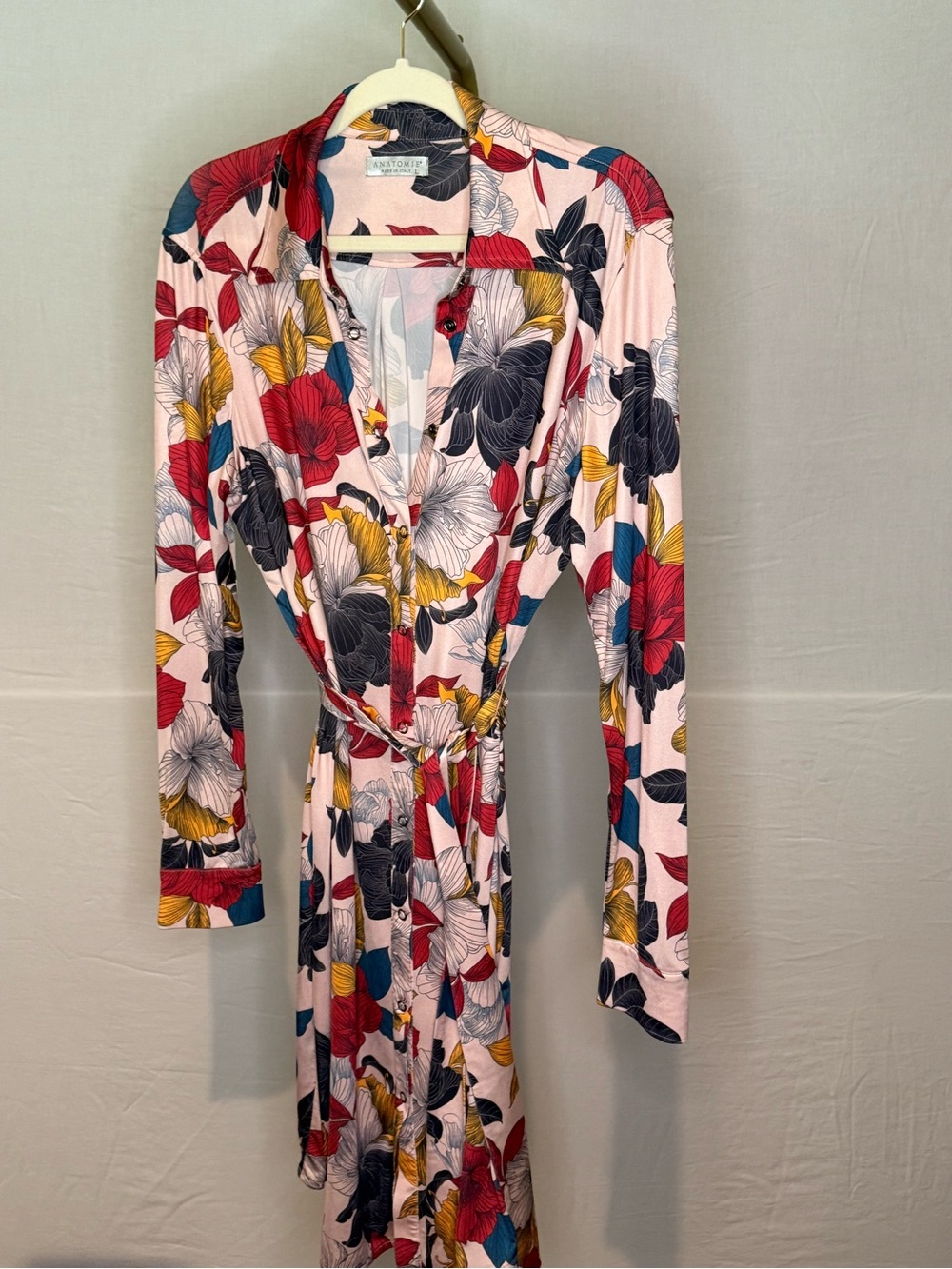 Anatomie Pink Floral Long-Sleeve Wrap Dress with Red, Navy & Mustard Accents